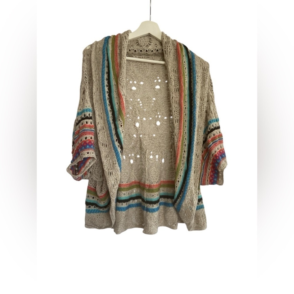 Nic+Zoe Knitted Crochet Boho Fringe Kimono Whimsigoth Fairy Core Cardigan M/L